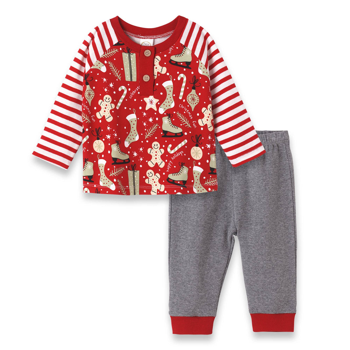A toddler's Christmas outfit set with a red and white striped tee featuring holiday-themed prints and gray pants.
