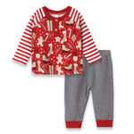 A toddler's Christmas outfit set with a red and white striped tee featuring holiday-themed prints and gray pants.