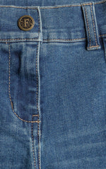 Close-up of blue denim fabric with a brand logo on a button.
