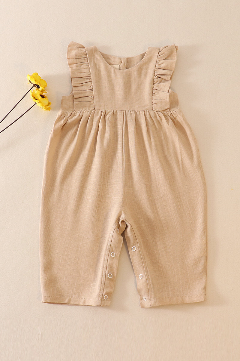 Khaki Linen Ruffle Girl Romper