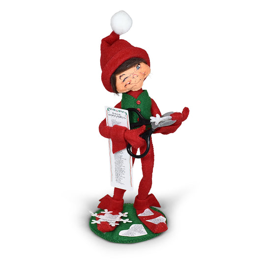 Annalee 9 inch Naughty Snowflake Maker Elf doll dressed in red with a green vest