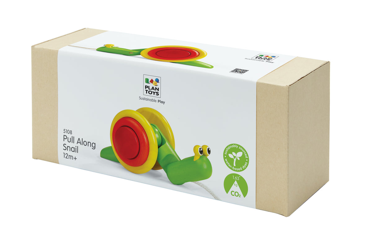Box of Plan Toys Pull Along Snail toy on a white background