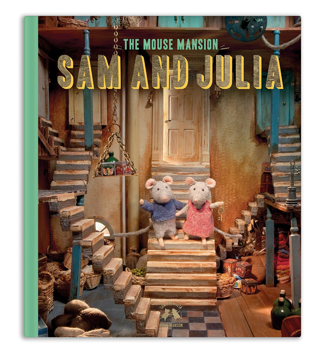 Book cover of 'The Mouse Mansion Sam and Julia' with two animated mice on a staircase.