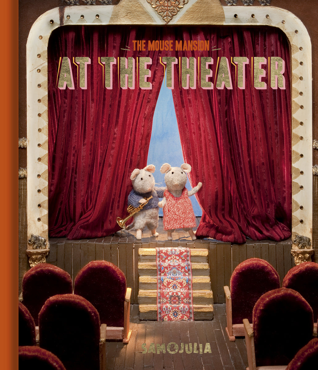 Book Illustration of two animated mice on a stage with red curtains and 'The Mouse Mansion at the Theater' text.