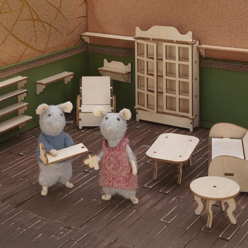 Two toy mice in a miniature room with furniture and shelves.