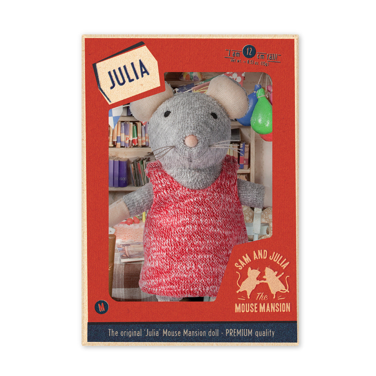 Toy mouse in a red dress with 'Julia' label, in a box with 'Sam and Julia' branding.