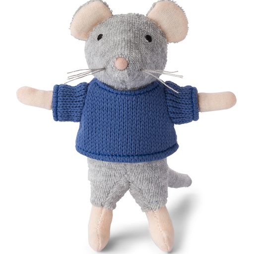Knitted toy mouse wearing a blue sweater and gray shorts on a white background