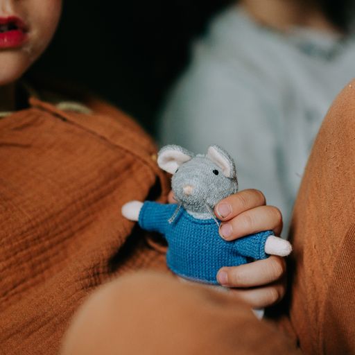 Person holding a small gray mouse plush toy with a blue sweater.