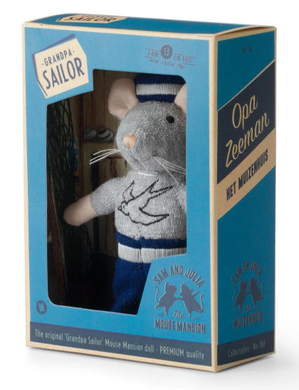 Plush toy mouse in a blue box with 'Opa Zeeman' branding