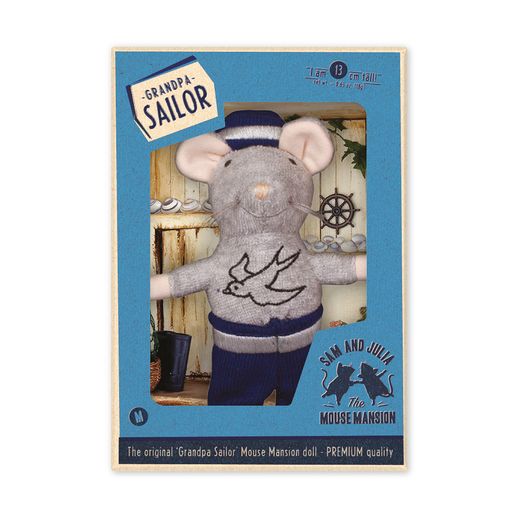 Grandpa Sailor toy mouse in a sailor outfit with packaging displaying 'Grandpa Sailor' and branding.