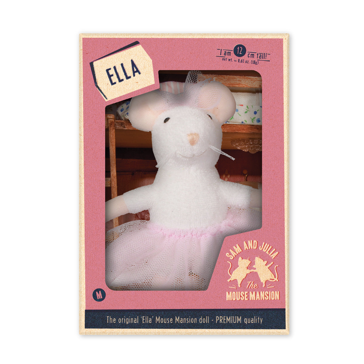Plush mouse toy in a pink box 'Ella' from Sam & Julia branding
