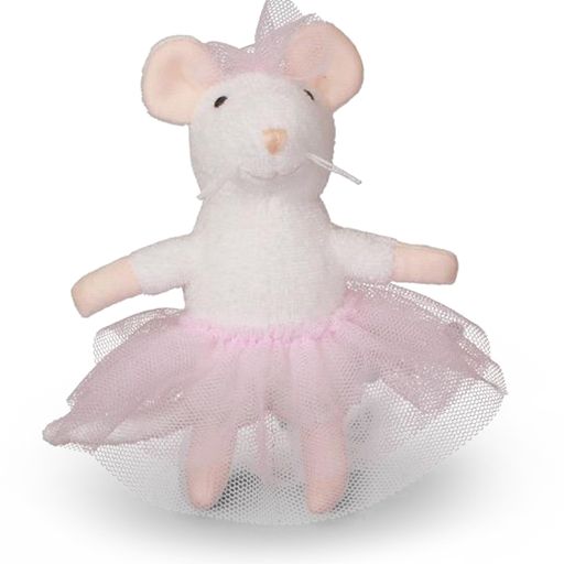Plush mouse toy in a pink tutu on a white background