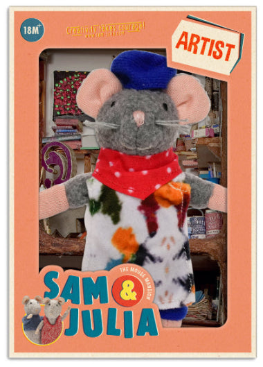 Toy the artist mouse in a box with 'Sam & Julia' branding and an 'Artist' label.
