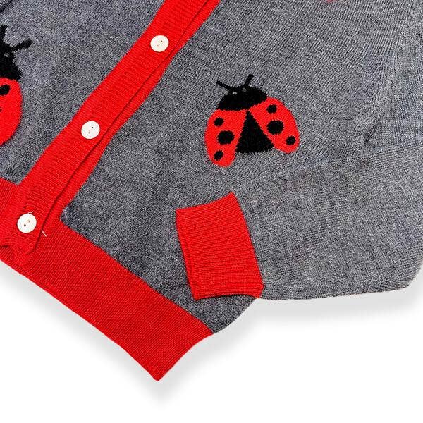 Gray cardigan with red trim and ladybug patterns on a white background