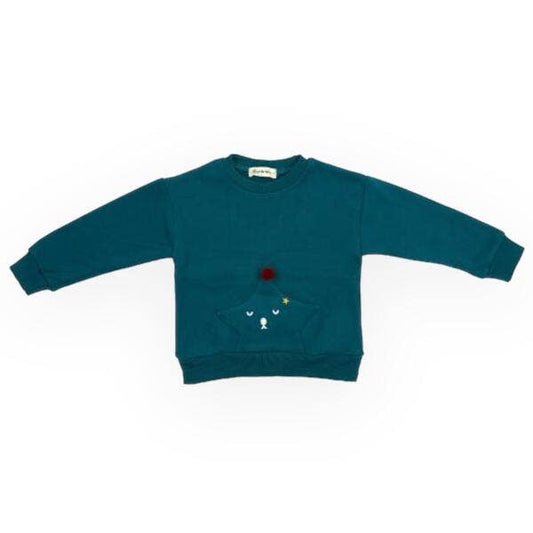 Teal sweater with embroidered designs on a white background