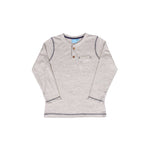 A long sleeve oatmeal heather colored henley shirt with a patch pocket and contrasting trim, displayed on a white background.