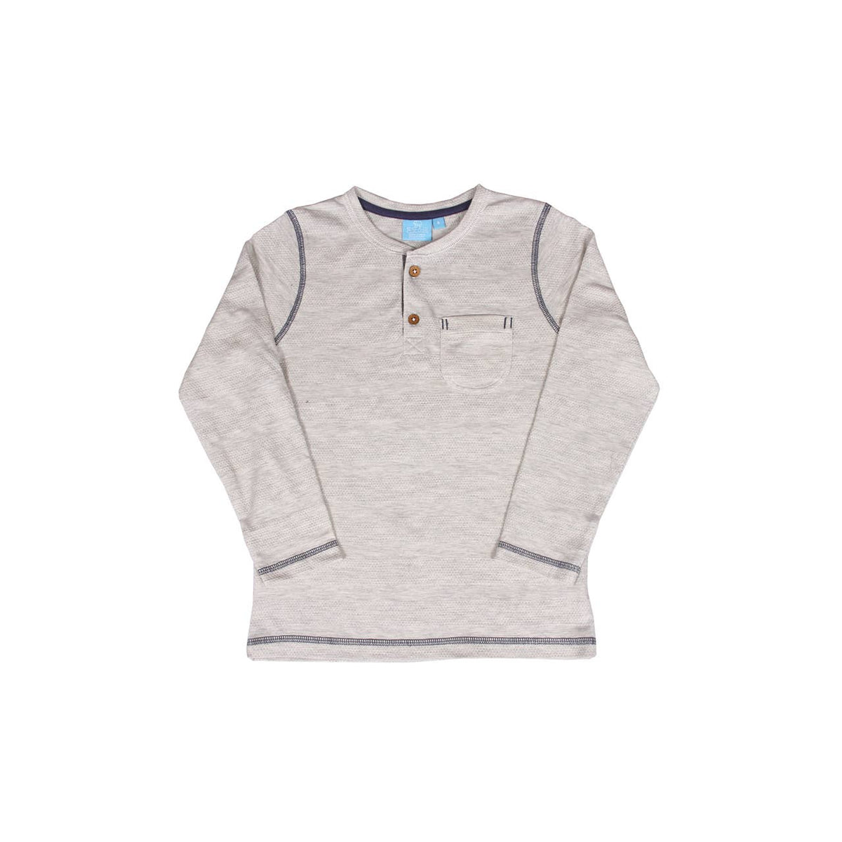 A long sleeve oatmeal heather colored henley shirt with a patch pocket and contrasting trim, displayed on a white background.