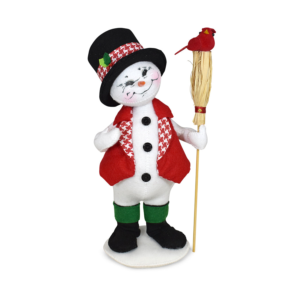 Annalee 9in Jubilee Snowman in red felt vest and houndstooth top hat with a red cardinal on his broom