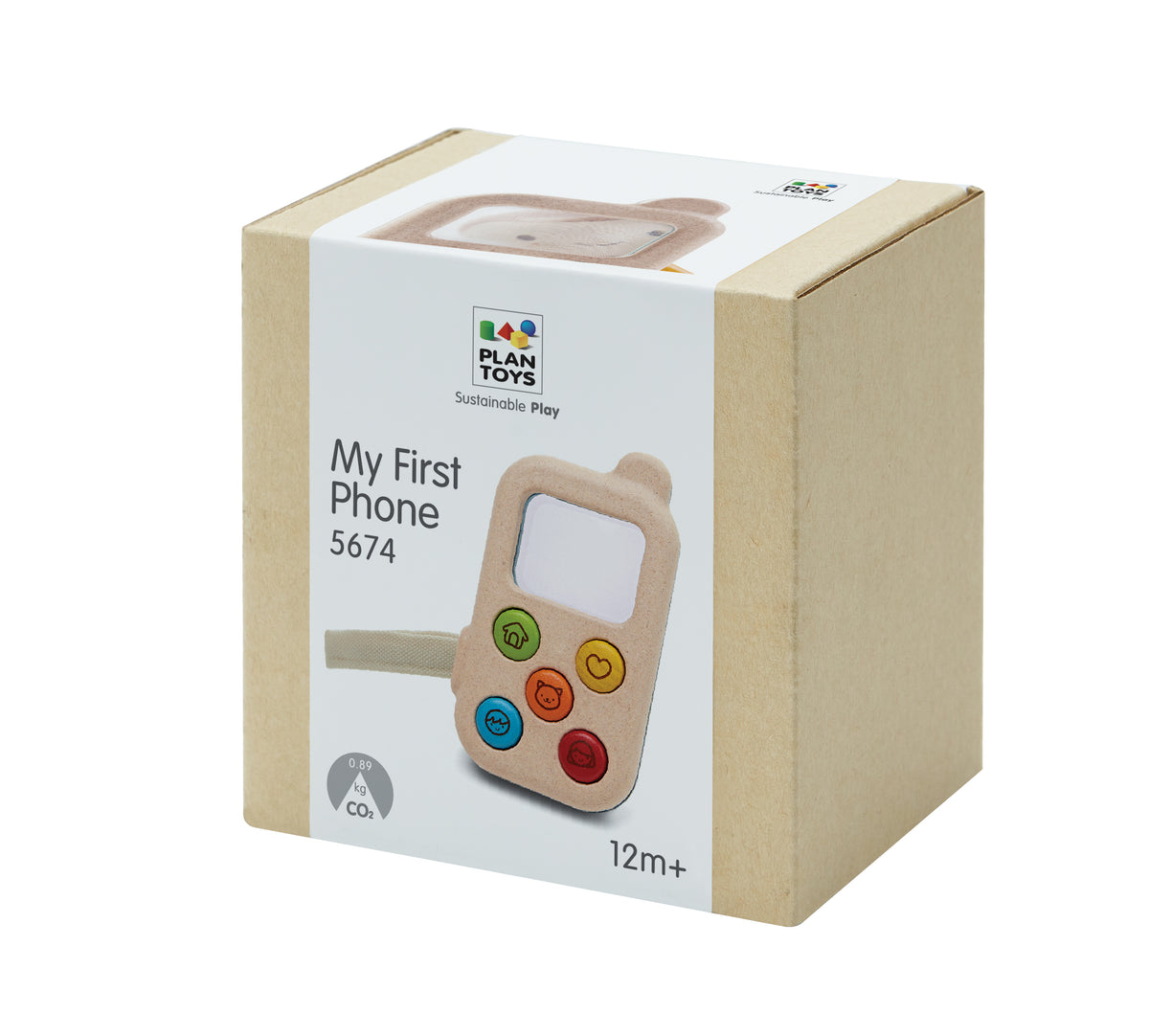 Box packaging of Plan Toys 'My First Phone' toy on a white background