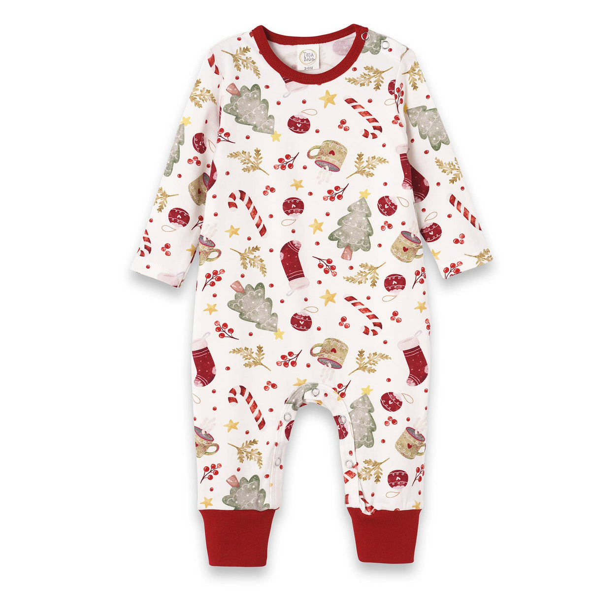 A white bamboo-spandex baby romper with a Christmas print, including cartoonish reindeer and snowflakes, with red and dark grey accents.