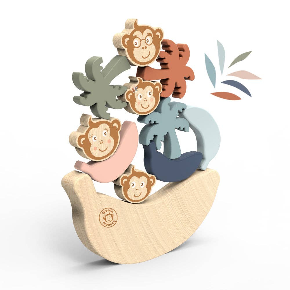 Wooden toy with colorful monkey figures and leaves on a white background