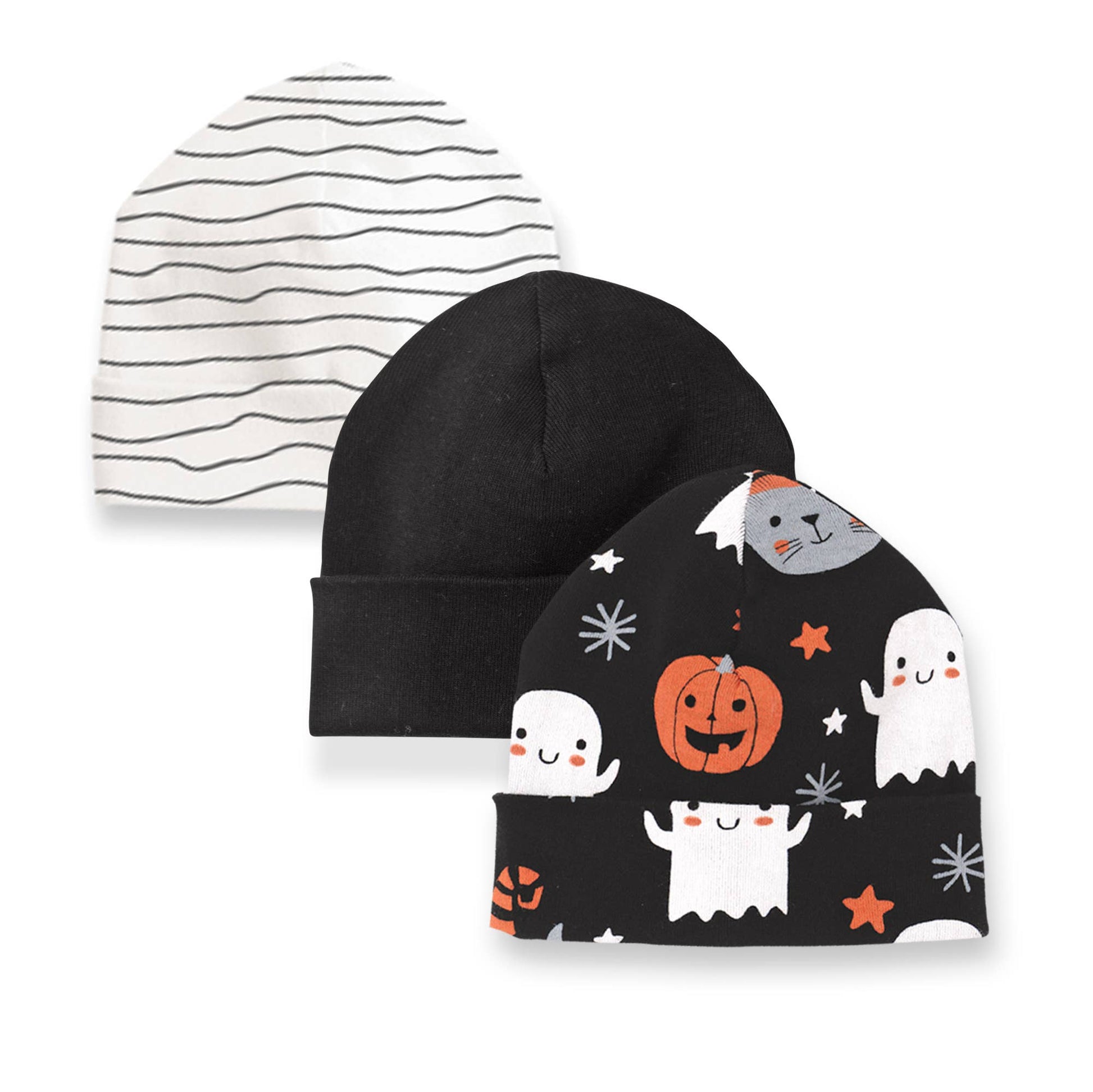 Set of three baby hats with different designs on a white background