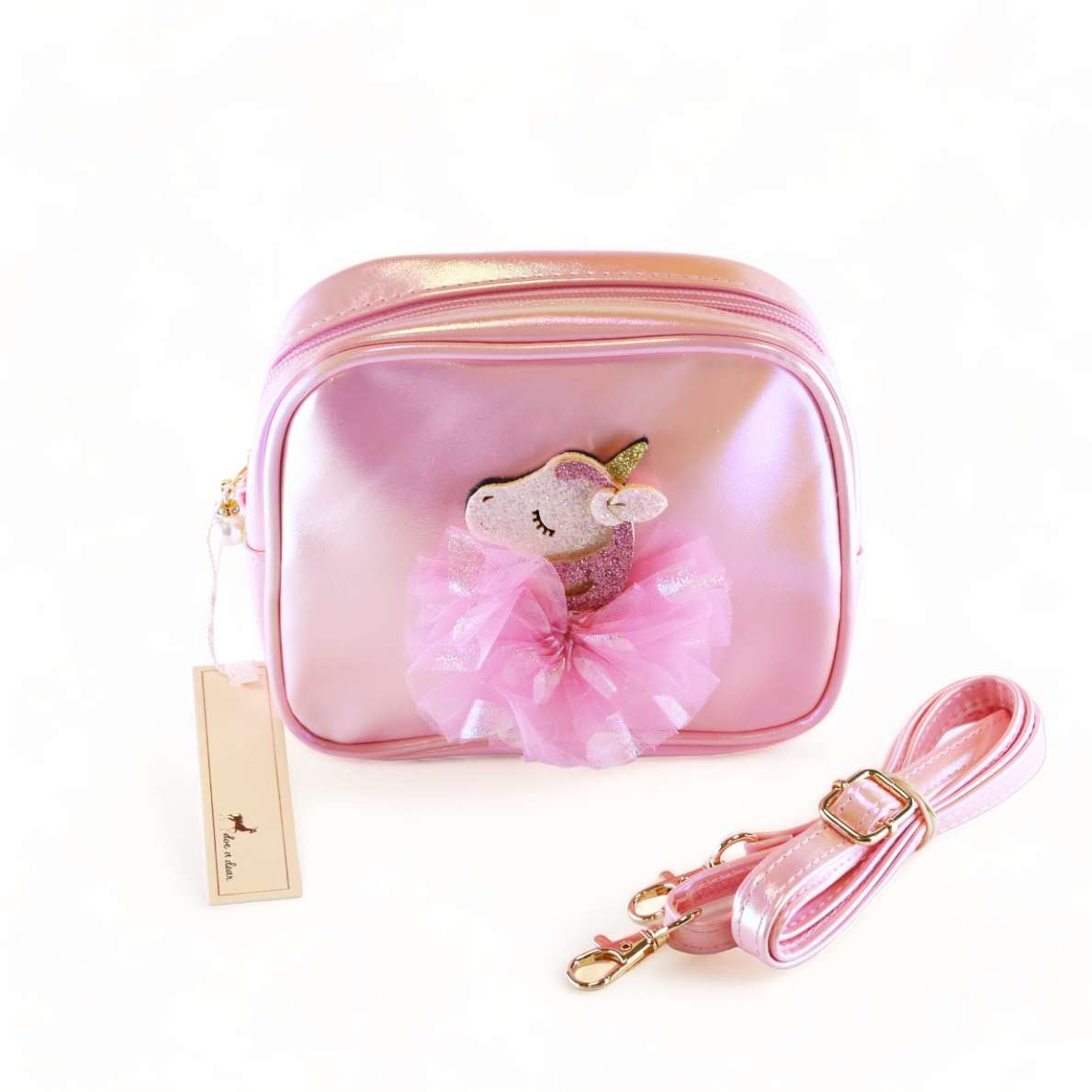 Pink pouch with a plush toy inside on a white background