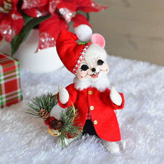 Annalee 6in Jubilee Boy Mouse in red felt jacket and houndstooth Santa cap holding a basket of pine cones