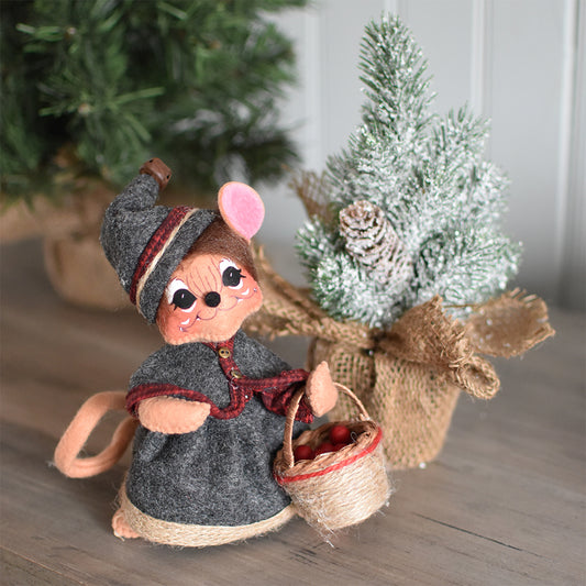 Annalee 6 inch Plaid & Pine Girl Mouse doll in a gray felt shawl cloak, skirt and hat, carrying a rustic holiday basket