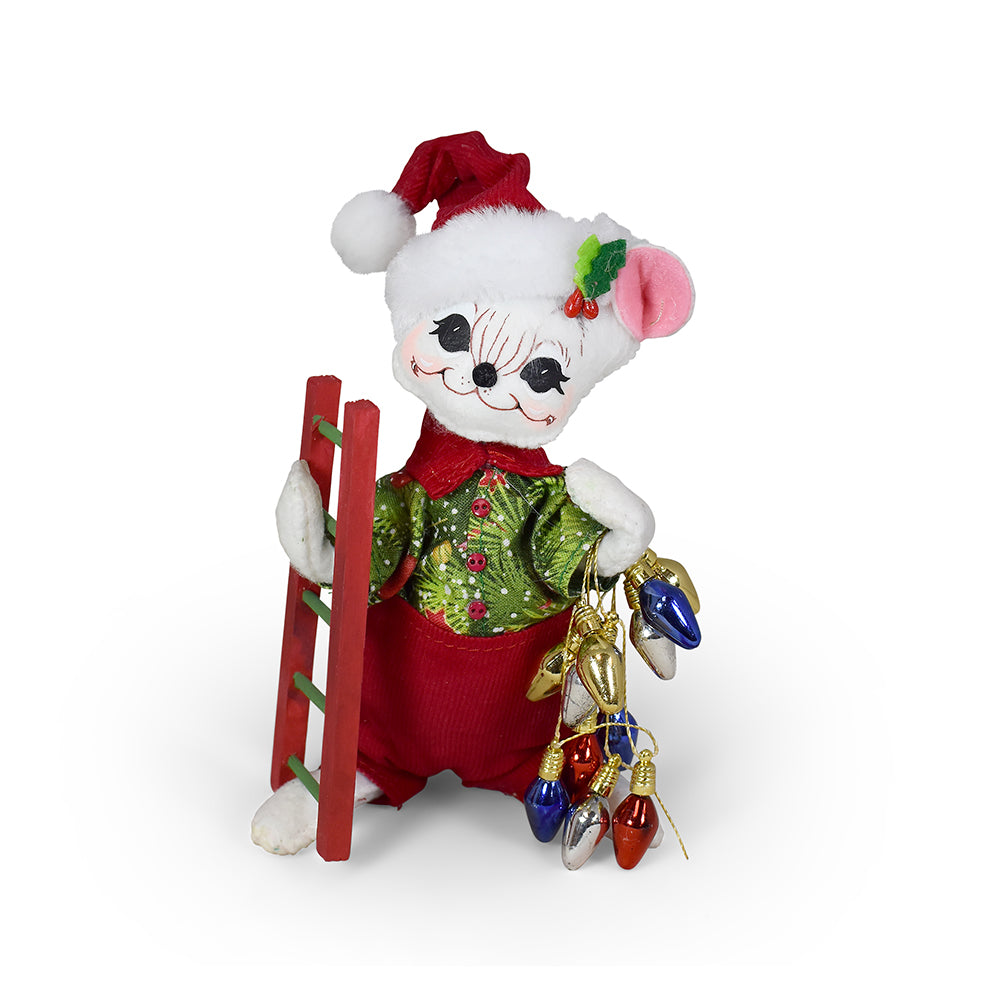 Annalee 6in Yuletide Ladder Mouse in evergreen print shirt and red corduroy pants with a string of lights