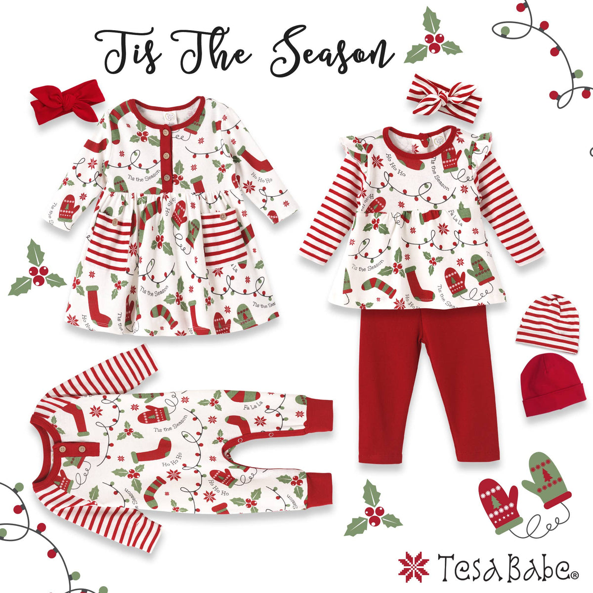 Christmas-themed children's clothing set with dresses, pants, and accessories on a white background.