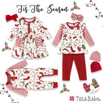 Christmas-themed children's clothing set with dresses, pants, and accessories on a white background.