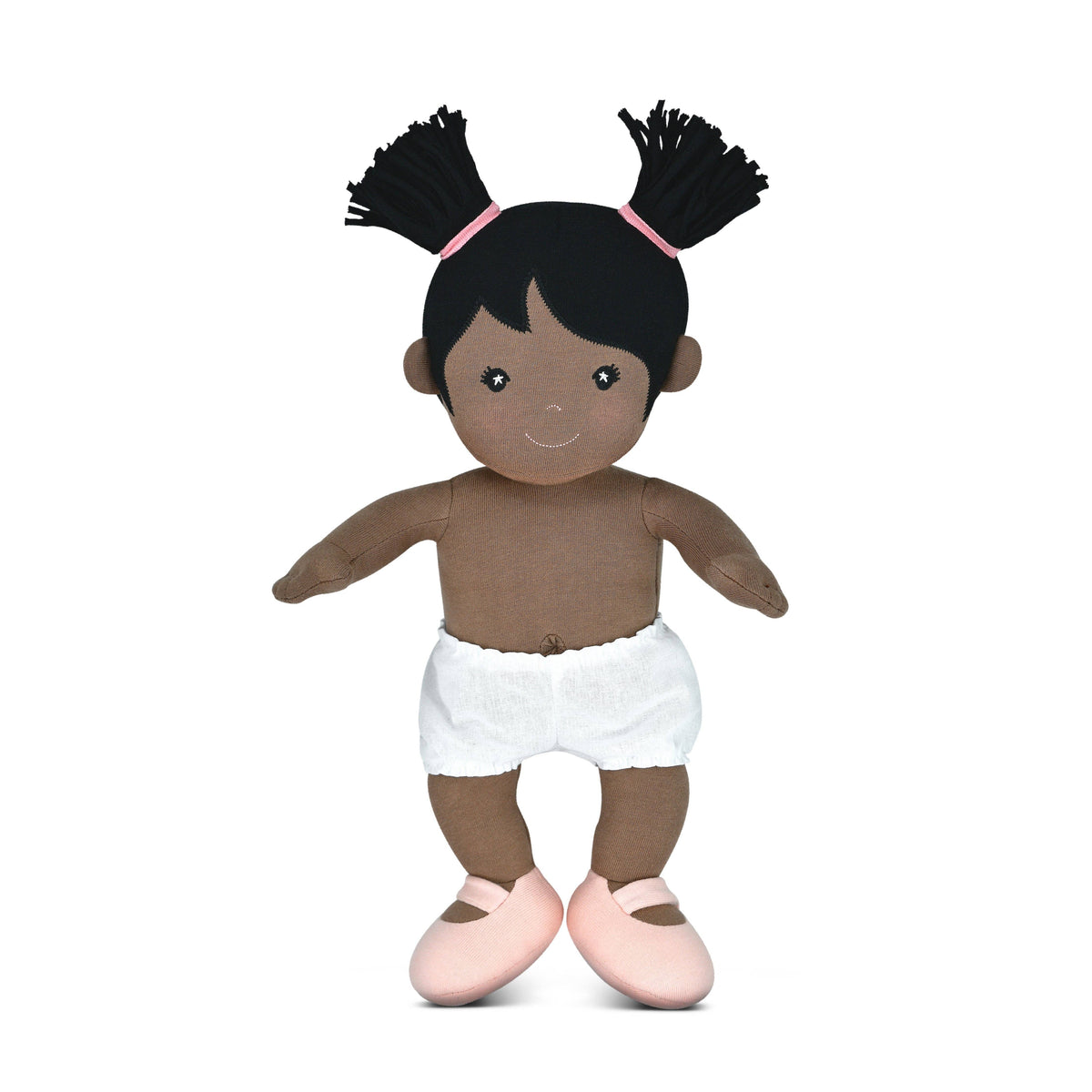 Apple Park Kids Mia soft doll in a dusty rose organic cotton dress, additional view