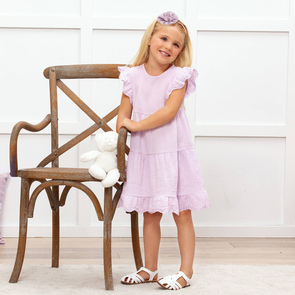 Emilia Lavender Eyelet Flutter Sleeve Gauze Dress