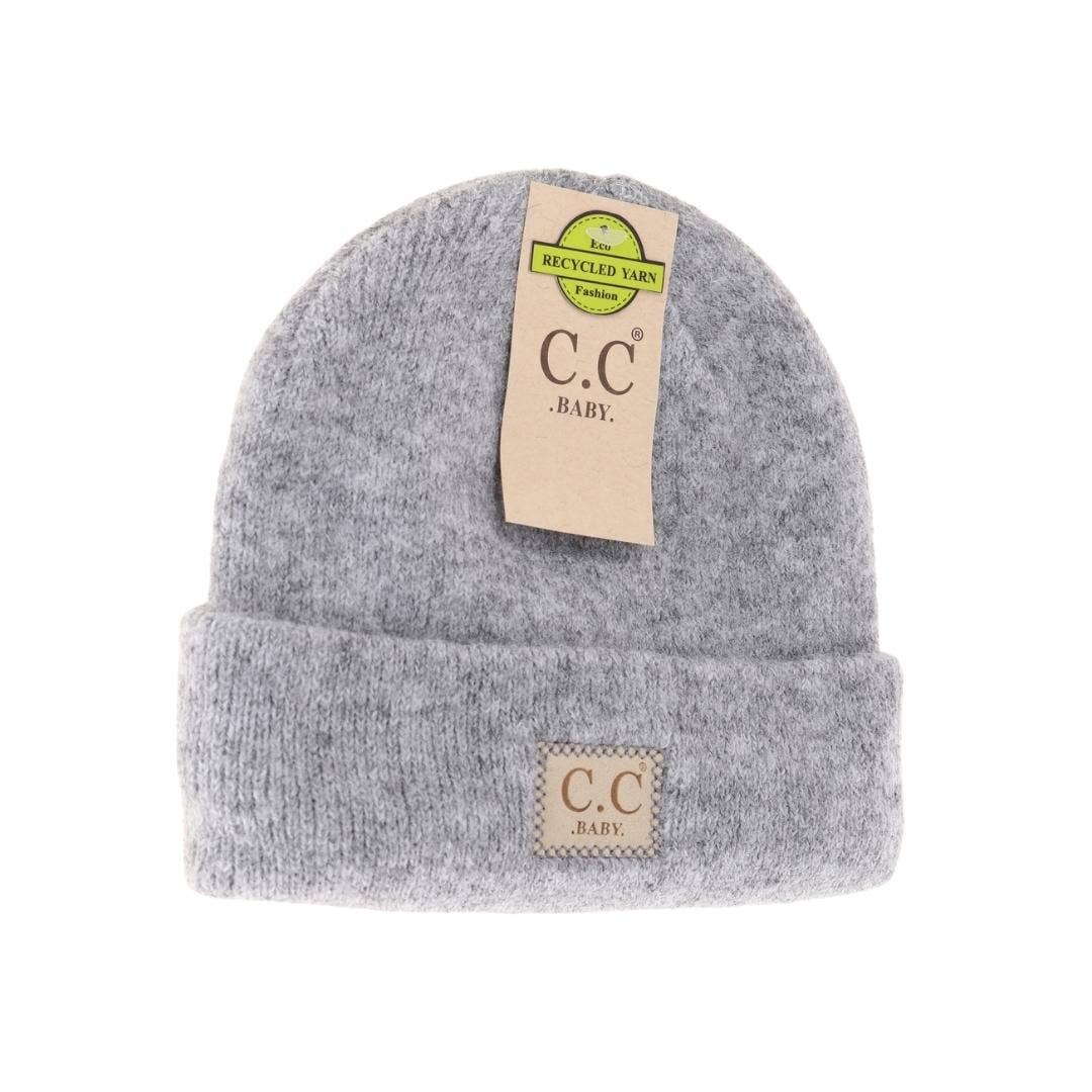 Soft Ribbed Leather Patch C.C. Newborn Knit Hat: Heather Lt. Grey