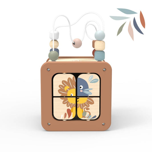 Children's wooden toy with bead chain and animal illustrations on a white background