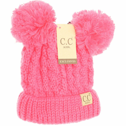 Kids Solid Double Pom CC Beanies  New Candy Pink