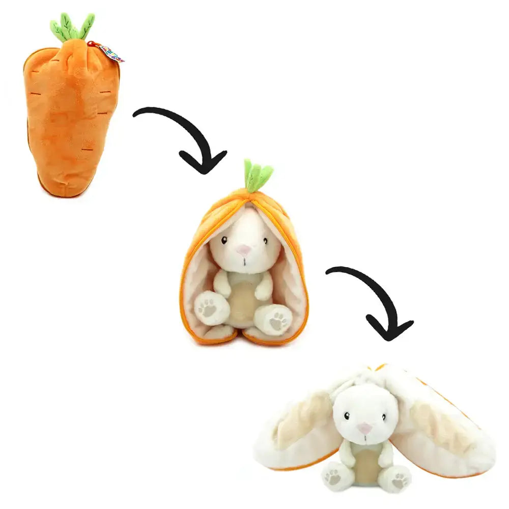 Carrot-shaped plush toy with a bunny inside, showing transformation from carrot to bunny.
