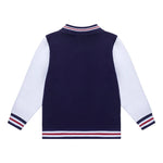 back of a Navy and white varsity jacket with red and blue stripes on a white background