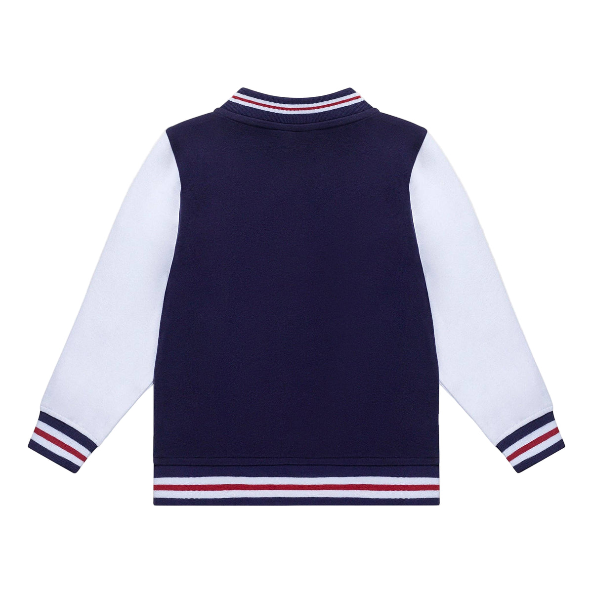 back of a Navy and white varsity jacket with red and blue stripes on a white background