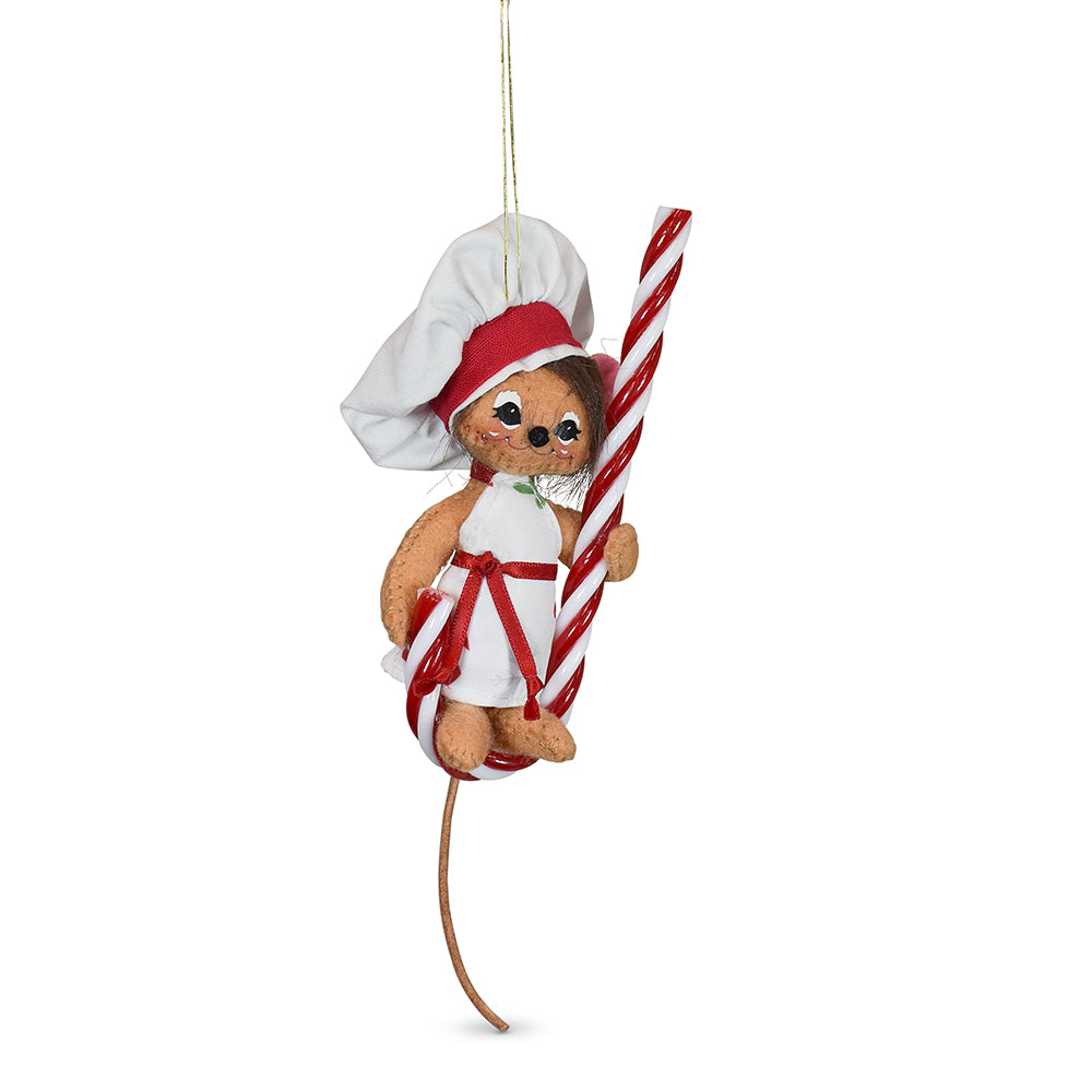Annalee 3 inch Candy Cane Lane Mouse ornament in a chef’s hat and apron, holding a red and white candy cane