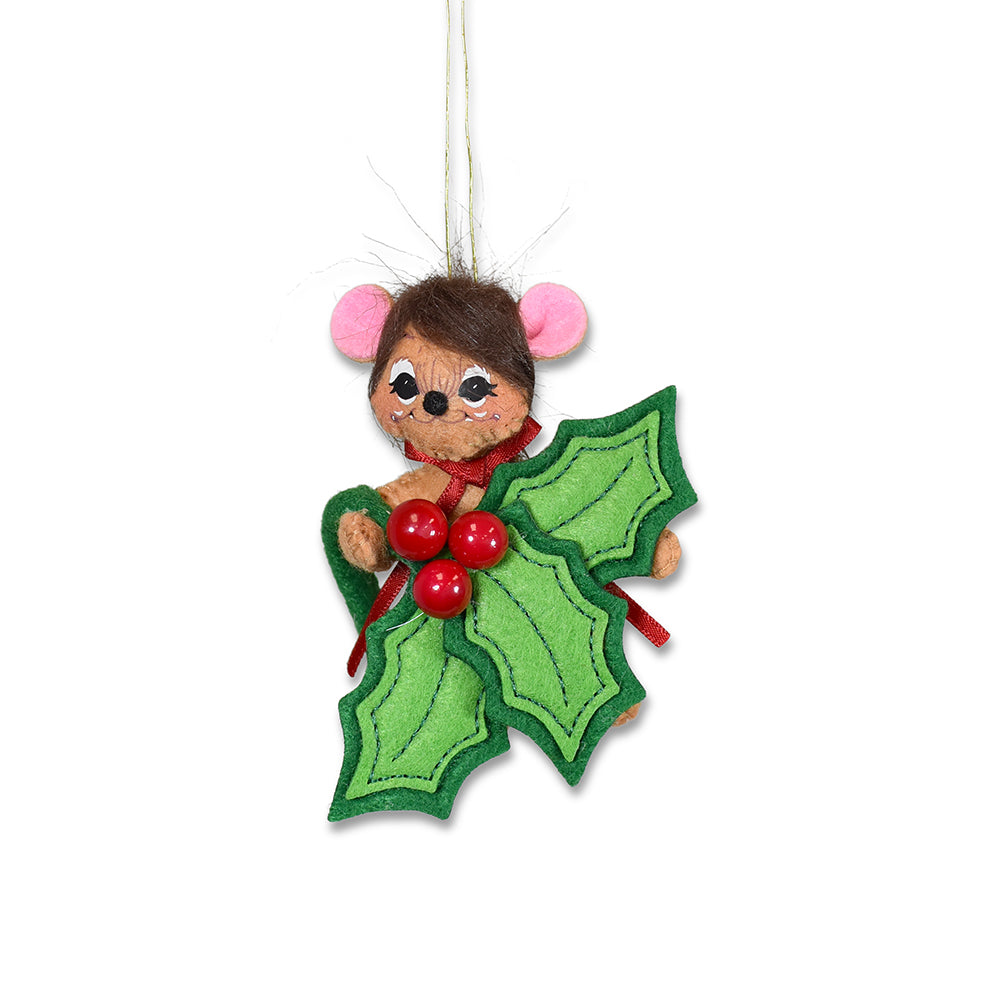 Annalee 3 inch Holly Jolly Mouse ornament peeking out from a trio of holly leaves and red berries