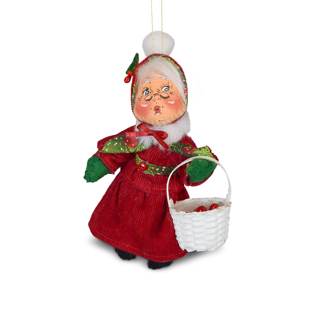 Annalee 5in Yuletide Mrs. Santa ornament in red corduroy dress and hat holding a white basket