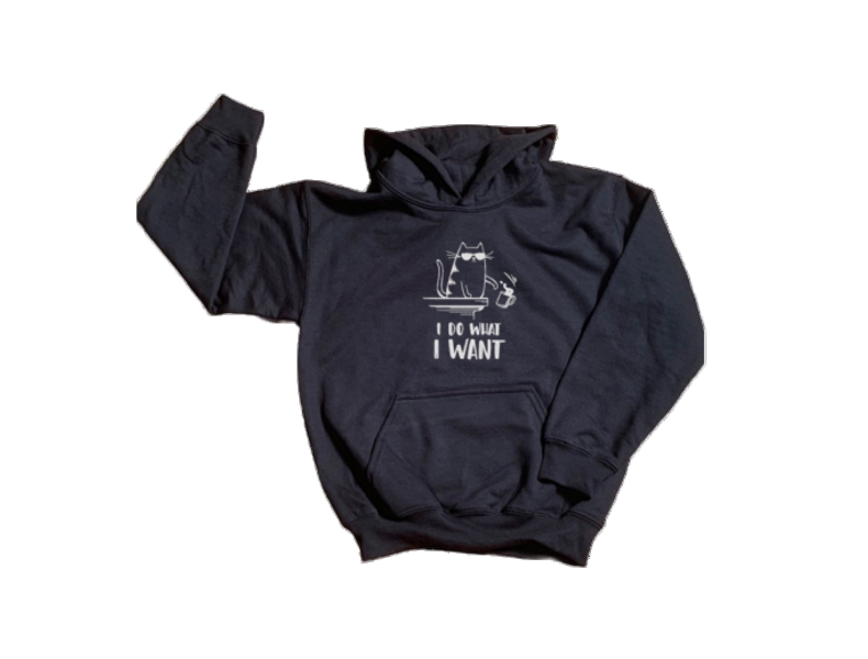Black hoodie with white graphic and text on a white background