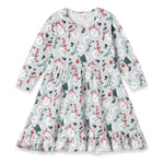 A long-sleeved twirl dress with a Christmas snowmen pattern on a light background, featuring a ruffled hem.