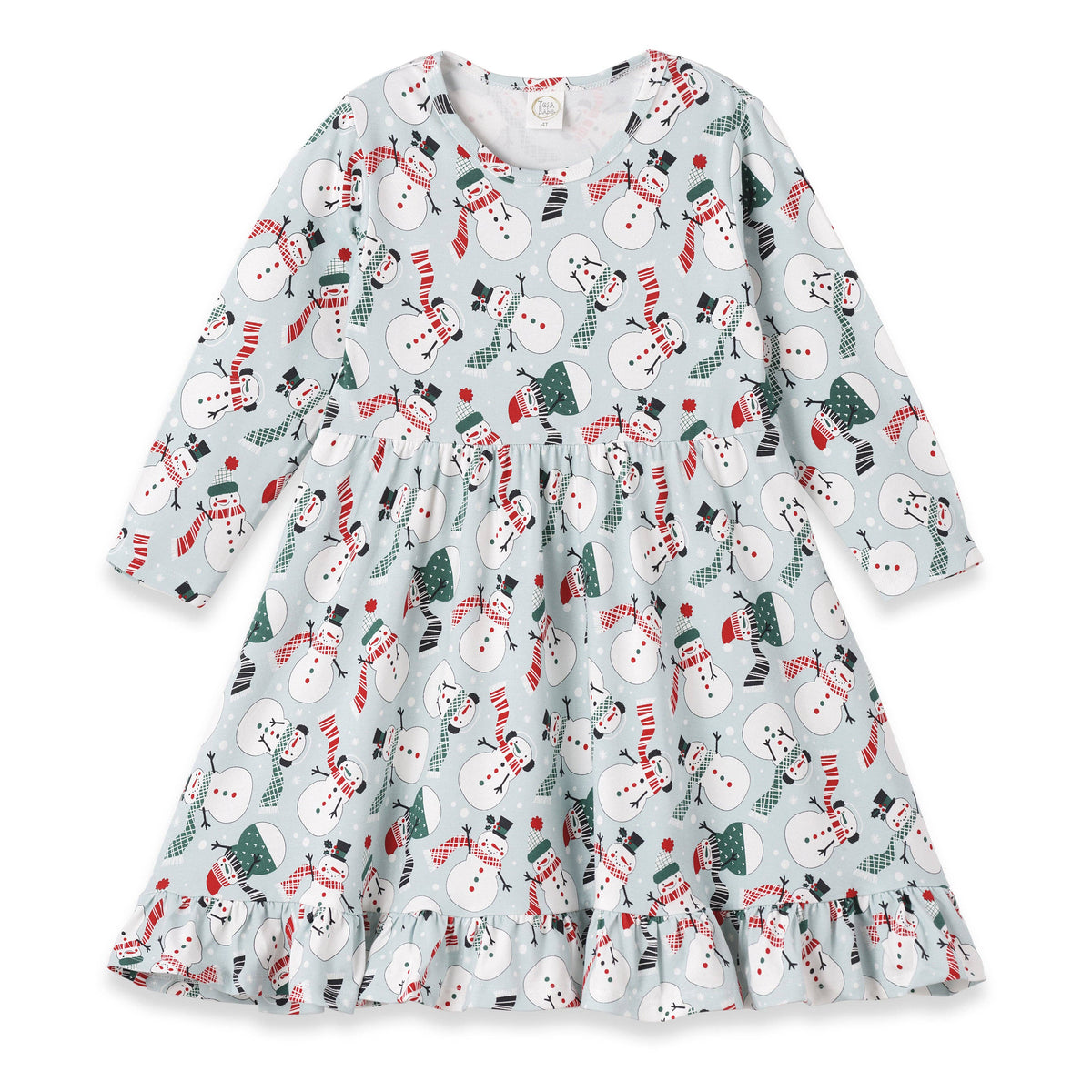 A long-sleeved twirl dress with a Christmas snowmen pattern on a light background, featuring a ruffled hem.