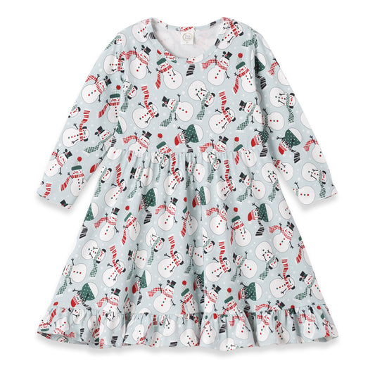 A long-sleeved twirl dress with a Christmas snowmen pattern on a light background, featuring a ruffled hem.