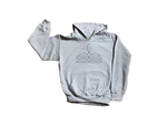 Gray hoodie with a logo on a white background