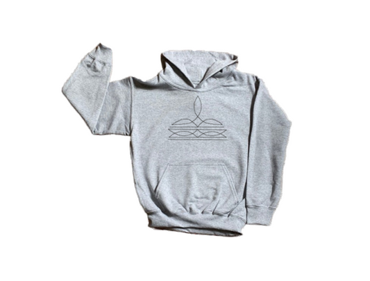 Gray hoodie with a logo on a white background