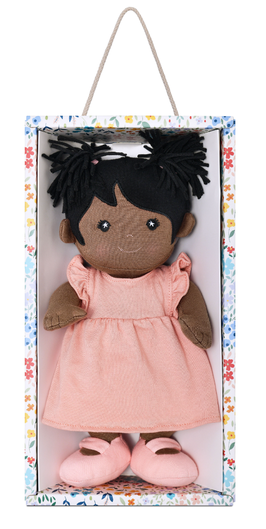 Apple Park Kids Mia soft doll in a dusty rose organic cotton dress